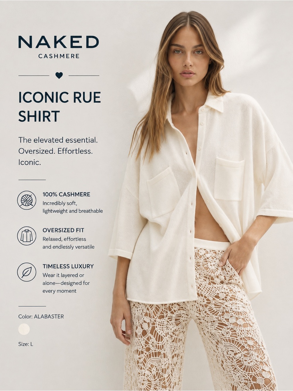 Oversized NakedCashmere Iconic “Rue” 100% Cashmere Shirt, Excellent Condition